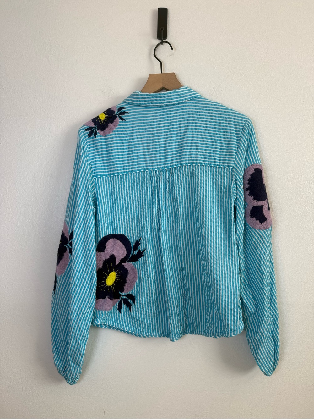 Maeve by Anthropologie Turquoise Blue Floral Embroidery Striped Button Blouse - Picture 6 of 7